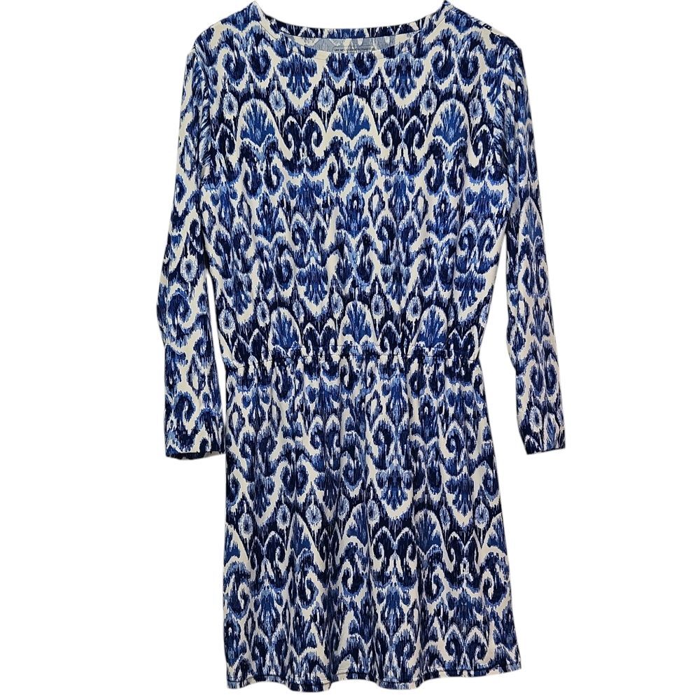 Coolibar Blue White Ikat Print Knee Length Dress UPF 50+ Sun Protection Size M